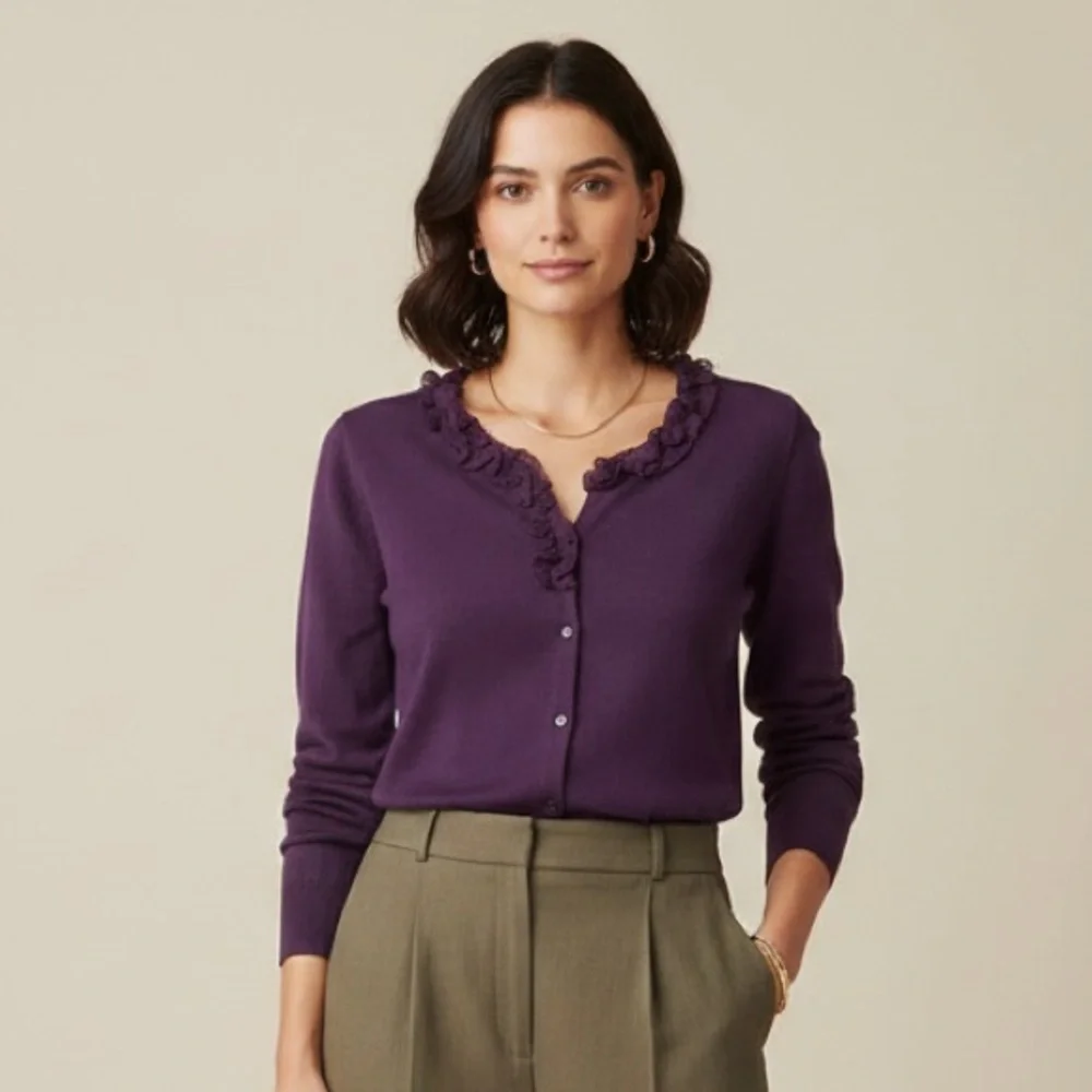 J Crew Factory‎ Purple Ruffle Silk Trim Button Cardigan Sweater